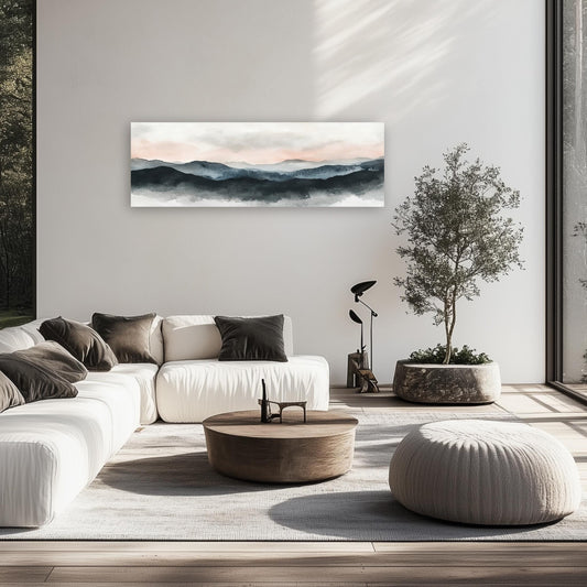 Landscape Framed Canvas Art, Panoramic Aesthetic Mountain Fog Painting Large Artwork, Calming Over the Bed Wall Art Picture Pink Blue