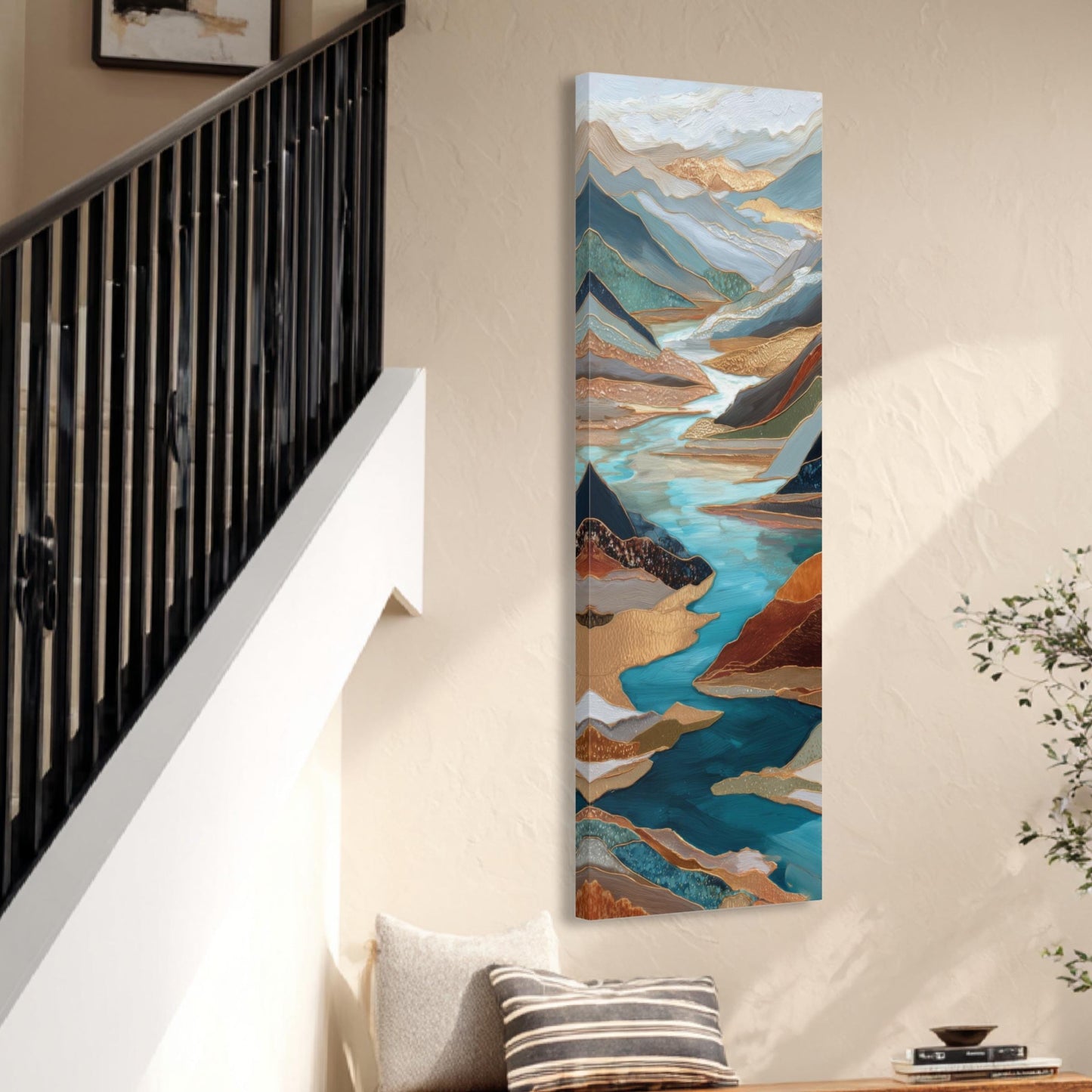 River Valley Abstract Framed Wall Art, Blue Gray Rust Copper, Oversized Large Nature Artwork Vertical Panoramic, Long Tall Mountains