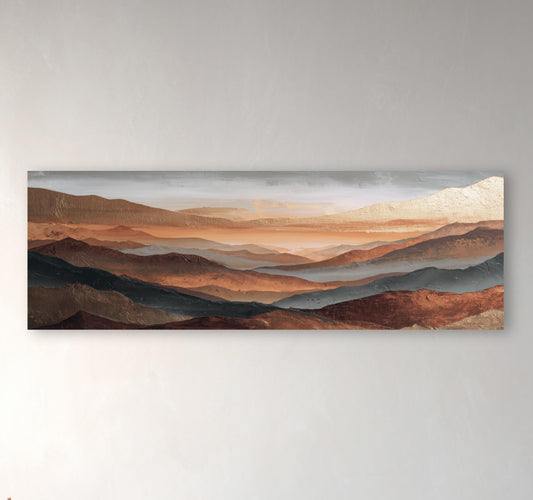 Rust Copper Gray Abstract Framed Art, Landscape Fog Over Orange Mountains, Large Panoramic Artwork