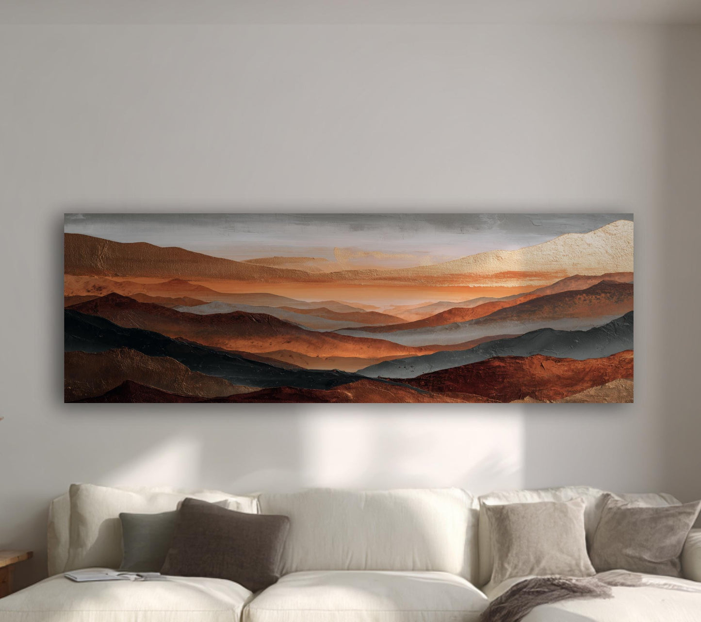 Rust Copper Gray Abstract Framed Art, Landscape Fog Over Orange Mountains, Large Panoramic Artwork