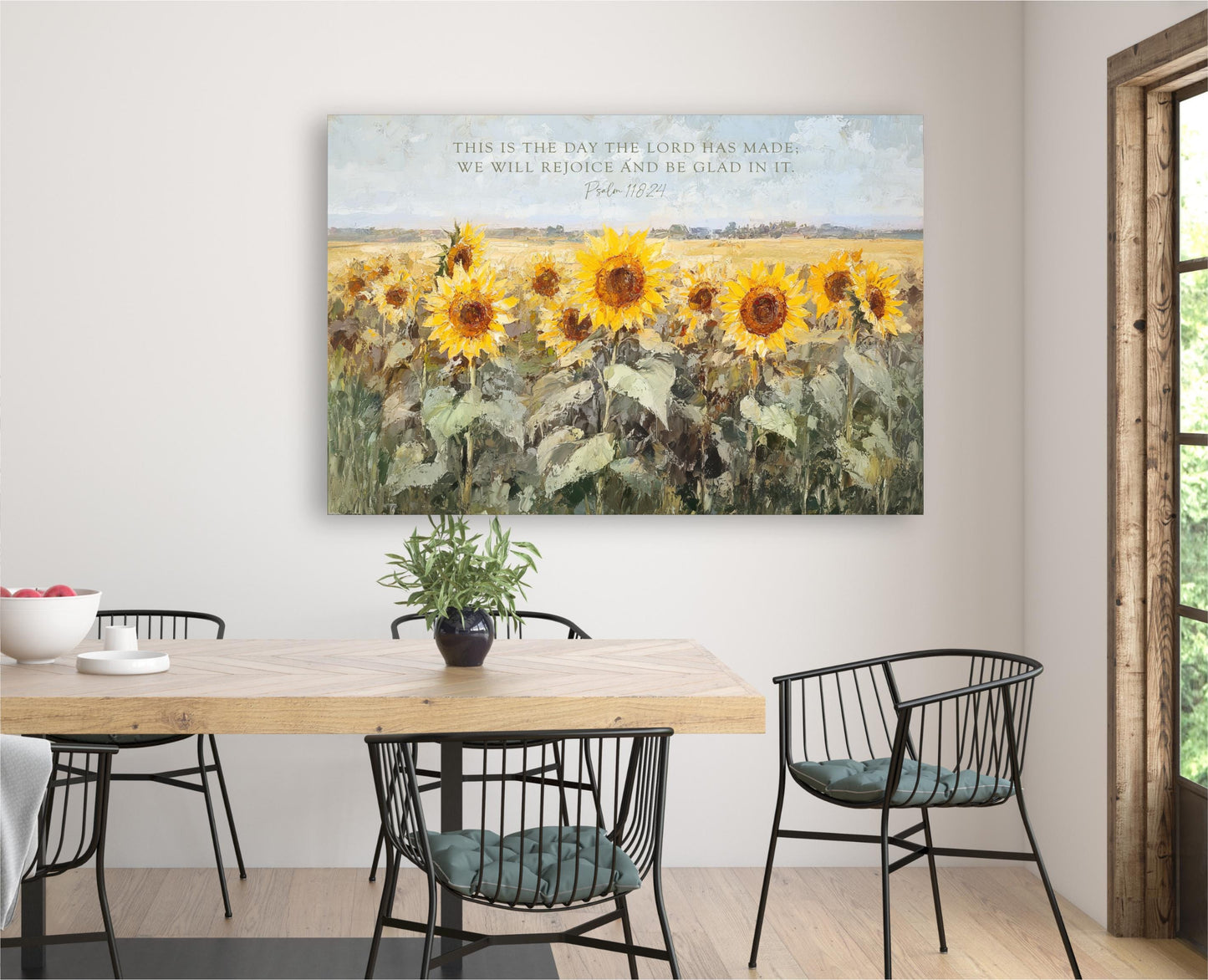Scripture Art, Landscape Field SunFlowers Framed Painting Canvas Print, Floral This is the Day The Lord Has Made, Psalm 118 24 Bible Verse