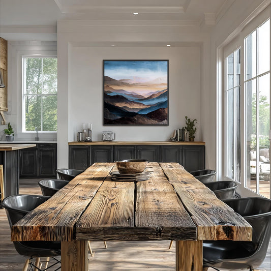 Square Abstract Mountains Art, Blue, Brown Platinum Silver, Cool Tones, Painting Framed Canvas Print, Landscape Wall Decor, Large Shipped