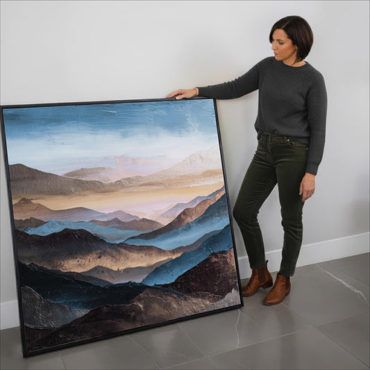 Square Abstract Mountains Art, Blue, Brown Platinum Silver, Cool Tones, Painting Framed Canvas Print, Landscape Wall Decor, Large Shipped