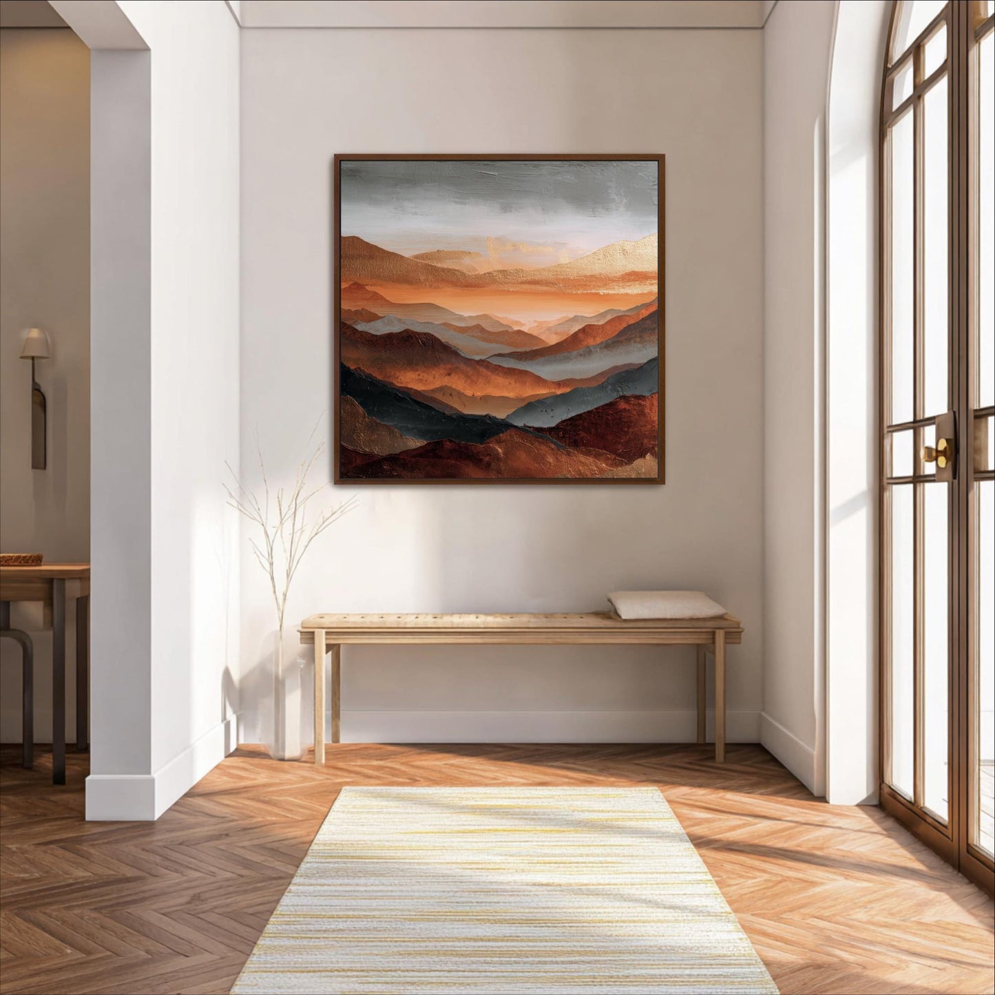 Square Art, Abstract Mountains Rust Orange, Gold, Steel Gray and Copper, Painting Framed Canvas Print, Landscape Wall Decor, Large Shipped