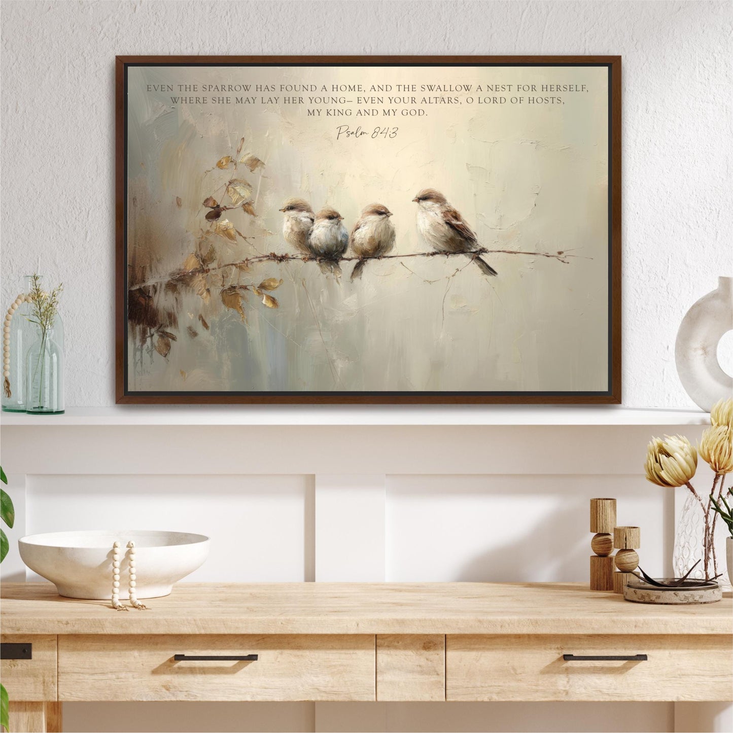 Vintage Birds Framed Art, Scripture Sparrows, Neutral Artwork, Vintage Look Digital Oil Painting Christian Art Bible Verse