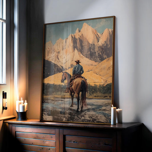 Vintage Cowboy and Horse Painting: Framed Canvas Western Wall Art