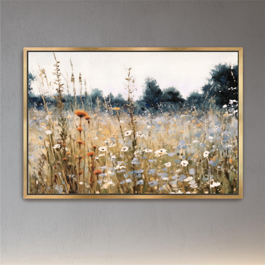 Wildflower Field Landscape Oil Painting, Large Framed Canvas Art, Farm House Decor Field of Flowers, Rustic Neutral Tones Fine Art Vintage