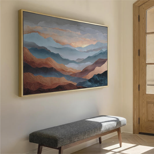 a large landscape painting hanging on a wall, with a wooden bench placed in front of it.