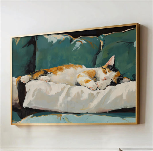 A painting of a calico cat sleeping on a white pillow, with a green couch in the background.