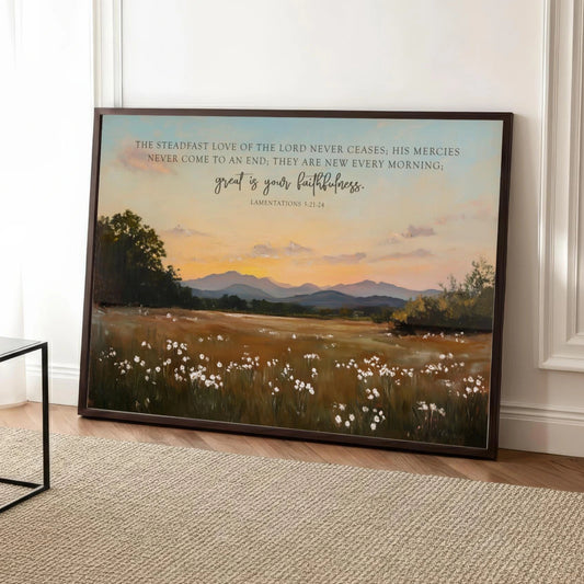 Lamentations 3 Scripture Art, Landscape Nature Framed Canvas, Vintage Painting Wildflower Field, Great Is Your Faithfulness Christian decor large oversized horizontal original art, printed and shipped from the USA. His mercies are new every morning. great is His faithfulness.