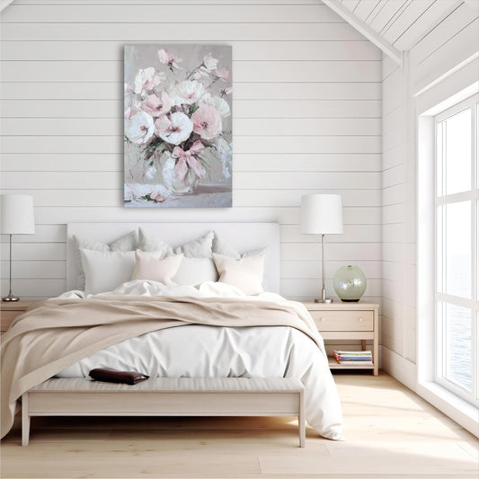 a bedroom with a bed and a painting on the wall