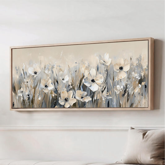 Wildflower Meadow Canvas Wall Art, Beige, Steel Gray, Navy Blue Flowers, Panorama Floral Landscape, Modern Large Horizontal Framed Artwork
