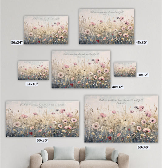 a collection of five framed artworks depicting a field of flowers, each with a different size and resolution. The artworks are arranged on a wall, and there is a couch in the foreground.