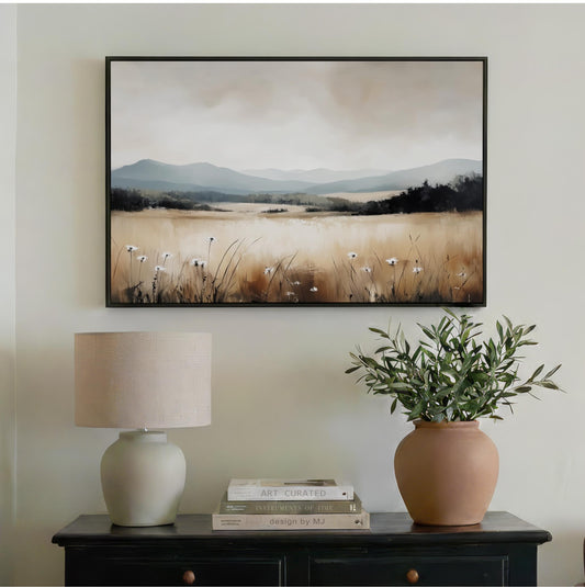 Neutral Landscape Wall Art Framed Canvas, Mountains Meadow Wildflowers Painting, Minimalist Countryside Farmhouse, Large Horizontal Artwork