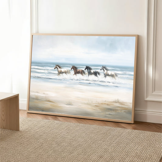 A framed painting depicting a group of horses running across a sandy beach with the ocean in the background.
