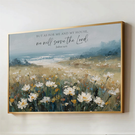 The image is a framed painting depicting a field of white flowers against a blue sky.