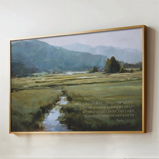 The image is a framed painting depicting a serene landscape with a winding stream, lush green hills, and a distant mountain range under a hazy sky.