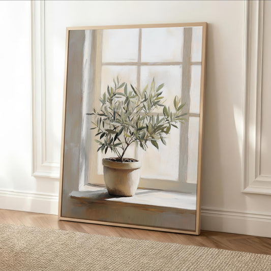 A painting of a potted olive tree placed on a windowsill, with a white window frame and a beige rug in the foreground.