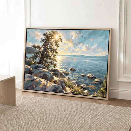 Lake Tahoe Nevada Hidden Cove Beach Mountain Lake Landscape, Blue Water Painting, Nature Wall Decor, Scenic Mountain Art, Lake Tahoe Print Turquoise Blue Water Pine Trees Sun