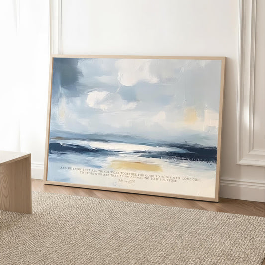 a large abstract painting of a cloudy sky with a beach scene in the background, displayed on a wall.