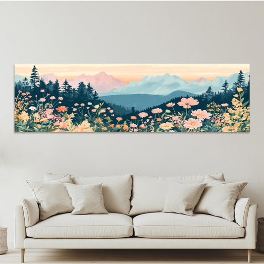Wildflower Mountain Landscape Art: Panoramic Framed Canvas