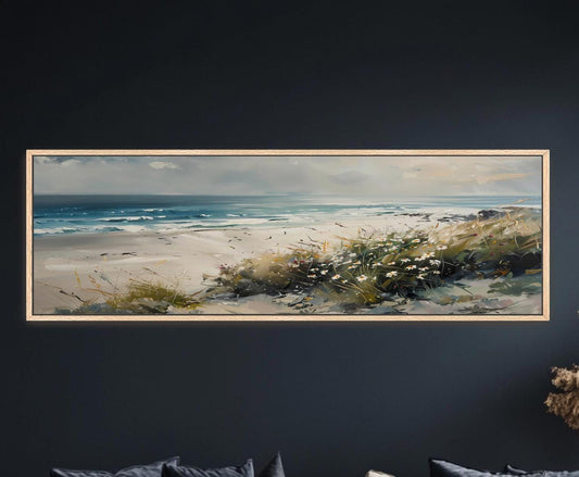 Framed Coastal Wildflower Canvas Art: Panoramic Seascape Painting
