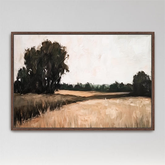 The image is a painting depicting a serene landscape with a field of tall grass, trees, and a cloudy sky.