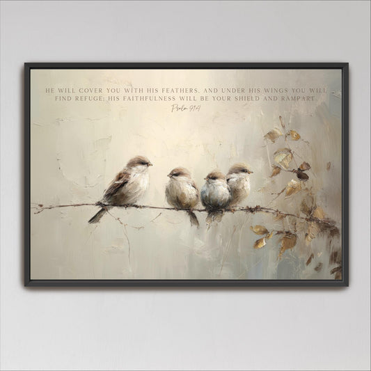 The image is a framed painting depicting four small birds perched on a branch, with a text overlay that reads "He will cover you with his feathers, and under his wings you will find refuge, his faithfulness will be your shield and rampart."