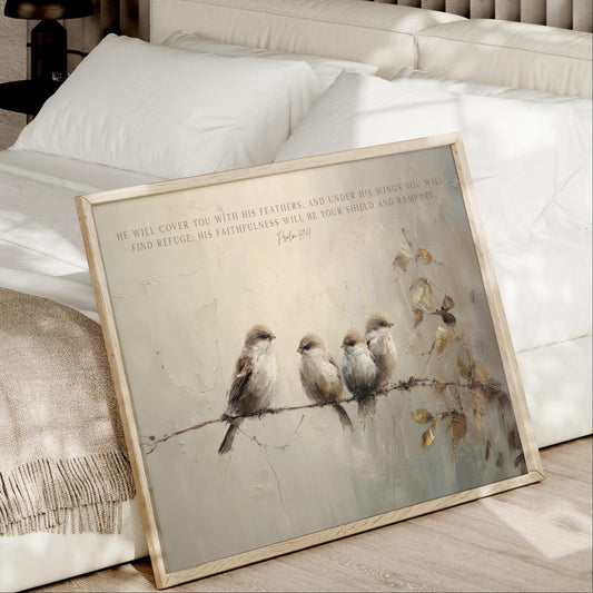 A framed painting depicting a group of birds perched on a branch, with a text overlay that reads "He will cover you with his feathers, and under his wings you will find refuge, his faithfulness will at your shield and rampart."