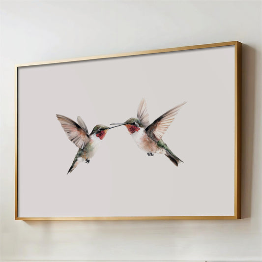 two hummingbirds in mid-flight, with their long beaks and vibrant colors.