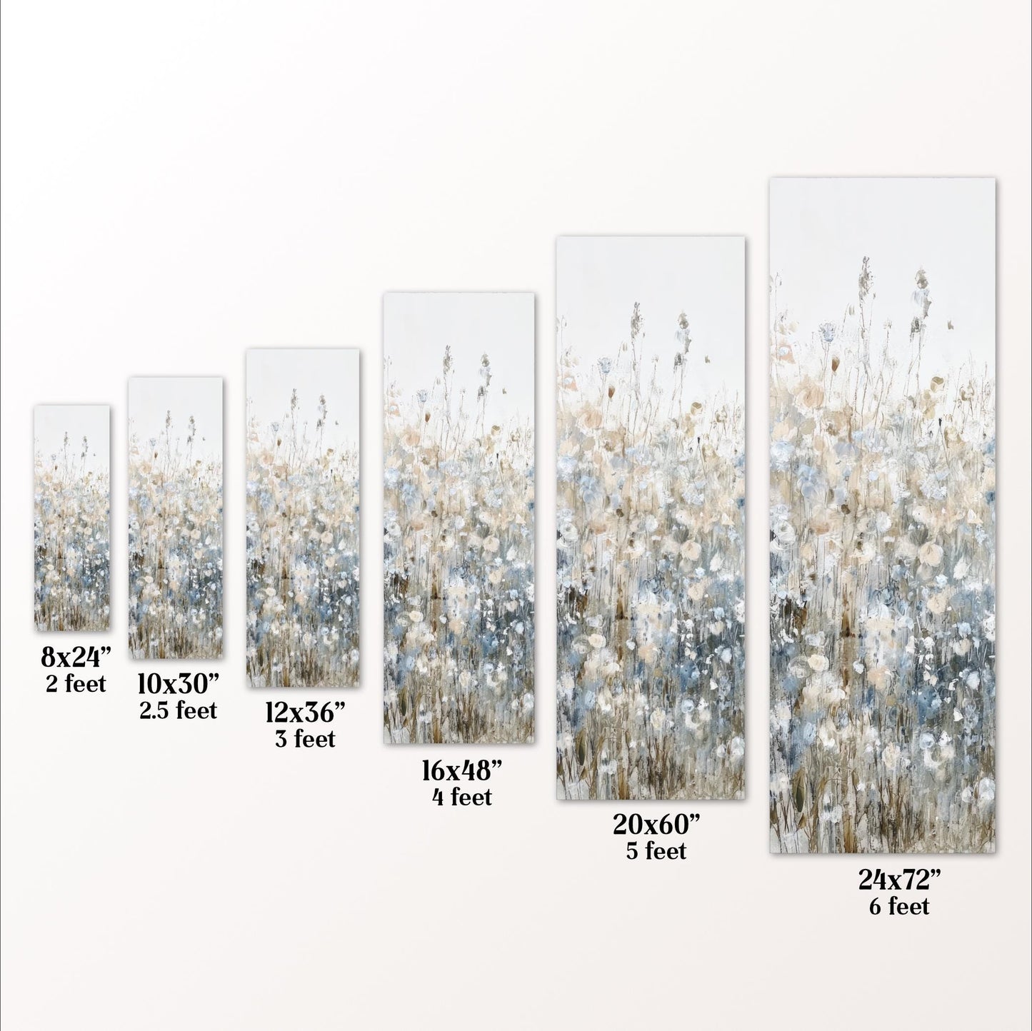 a series of paintings or prints, each depicting a field of flowers in varying sizes. The paintings are arranged in a row, with each one being a different size, ranging from 8x24 inches to 20x60 inches. The sizes are labeled next to each painting, providing a visual representation of the different dimensions of the artworks.