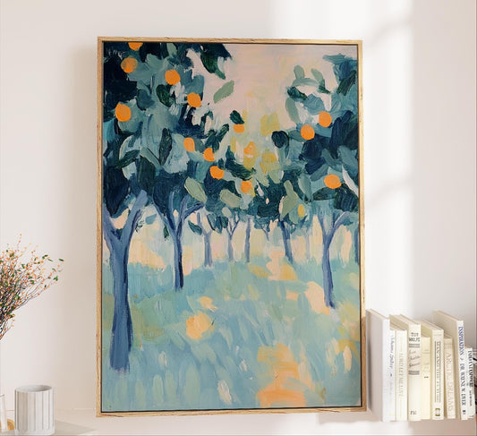 Orange Grove Abstract Wall Art
Portrait Art in Green, Blue, Orange -vModern Minimalist Pop of Color, Henri Matisse Inspired
A modern abstract orange grove in the style of Henri Matisse, featuring colors of muted teal, blue, green and orange. This piece brings a gentle pop of color to any room - kitchen, bedroom, bathroom, living room or office space.