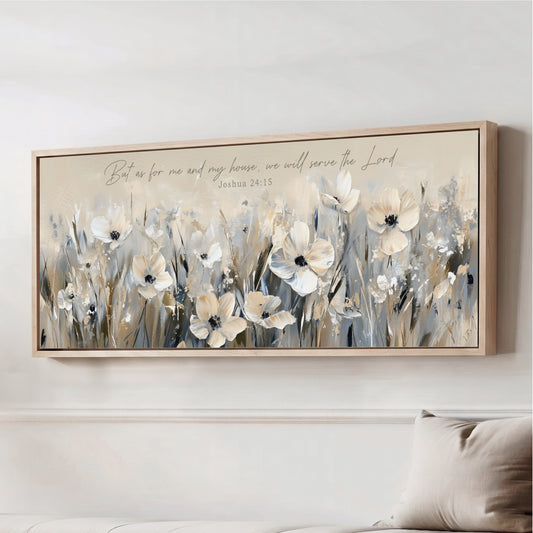 a large framed painting of white flowers hanging on a wall.