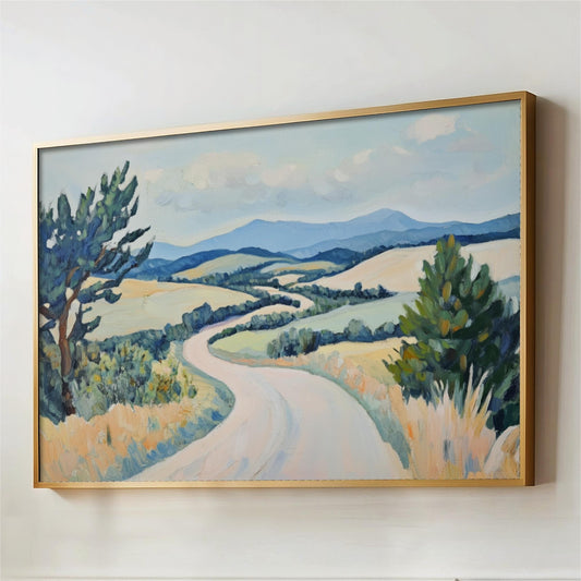 The image is a painting of a winding road surrounded by lush green trees and rolling hills, with a blue sky and fluffy clouds above.