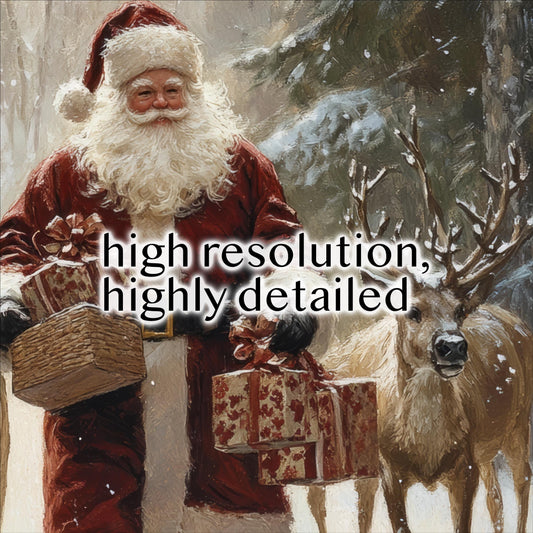 Santa Claus holding presents and standing next to a deer in a snowy forest.