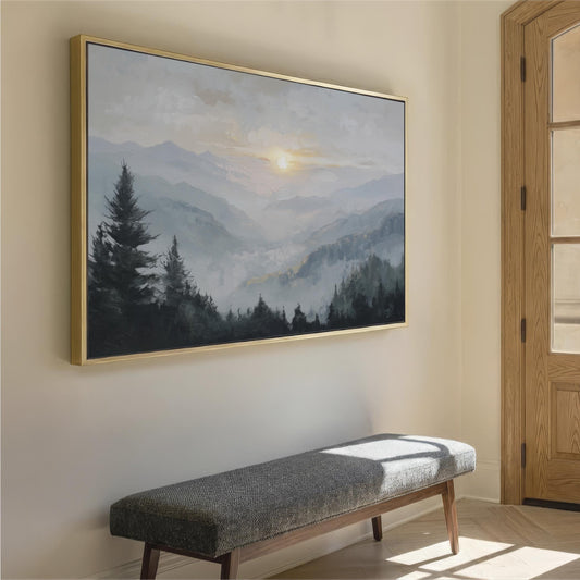 Forest Mountain Sunset Framed Wall Art, Abstract Blue, Gray Landscape Canvas Print, Sun Nature Decor, Pine Trees, Large Horizontal ArtWork