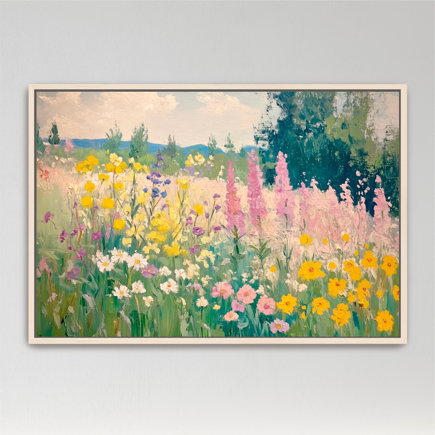 A vibrant and colorful painting depicting a lush garden filled with a variety of flowers, including yellow, pink, and white blooms, surrounded by trees and a blue sky.