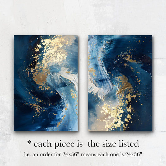 two abstract paintings with swirling blue and white colors, and gold glitter or specks scattered throughout the artwork. Each piece is the size listed, which is 24x36 inches.