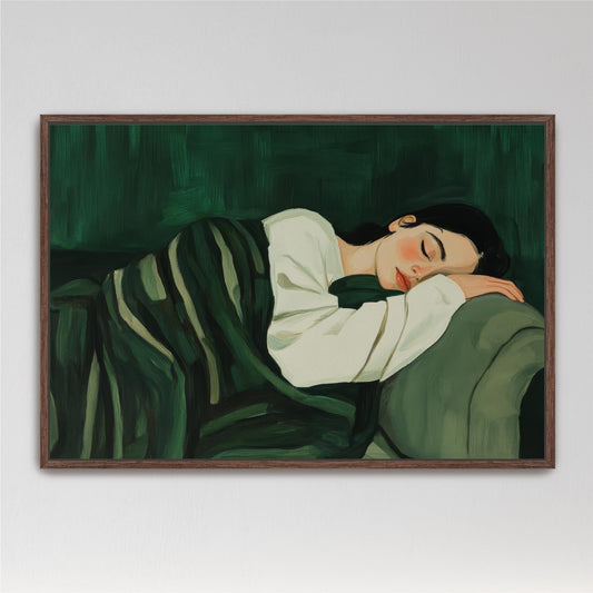 painting of a woman laying on a couch stripe blanket emerald green