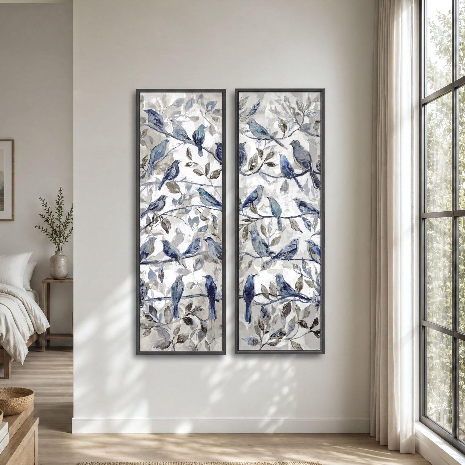 set of two song birds abstract art, vertical tall artwork