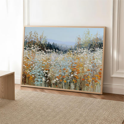 a large, framed painting of a field of flowers, with a variety of colors including white, orange, and green.