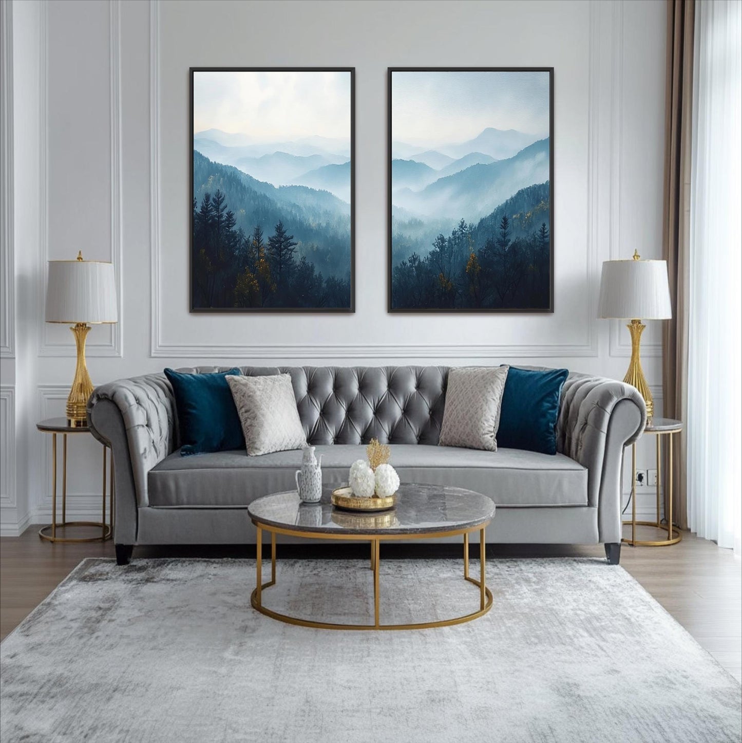 a modern living room with a gray tufted sofa, a round glass coffee table, and two framed landscape paintings on the wall above the sofa.