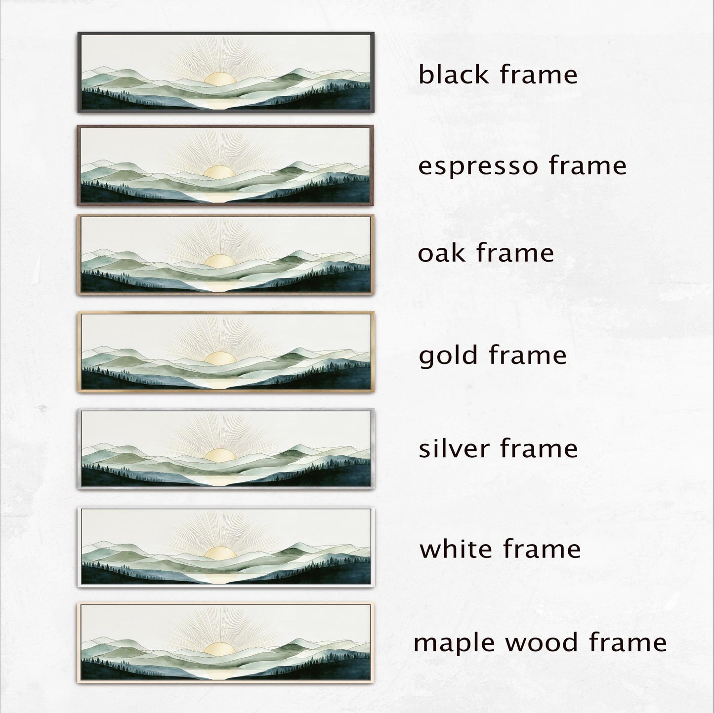 a series of six framed landscape paintings, each with a different frame color and style. The paintings depict mountains, forests, and the sun, showcasing various color palettes and frame designs.