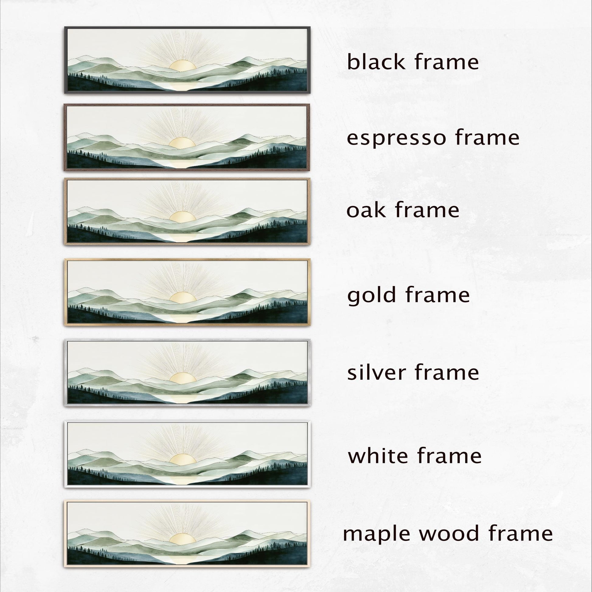 a series of six framed landscape paintings, each with a different frame color and style. The paintings depict mountains, forests, and the sun, showcasing various color palettes and frame designs.