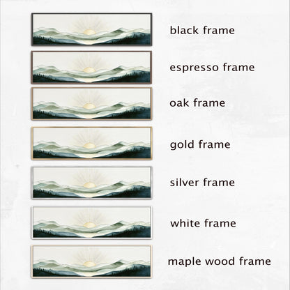 a series of six framed landscape paintings, each with a different frame color and style. The paintings depict mountains, forests, and the sun, showcasing various color palettes and frame designs.