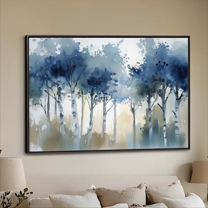 a large, framed painting of a forest scene with tall trees and a blue sky in the background.