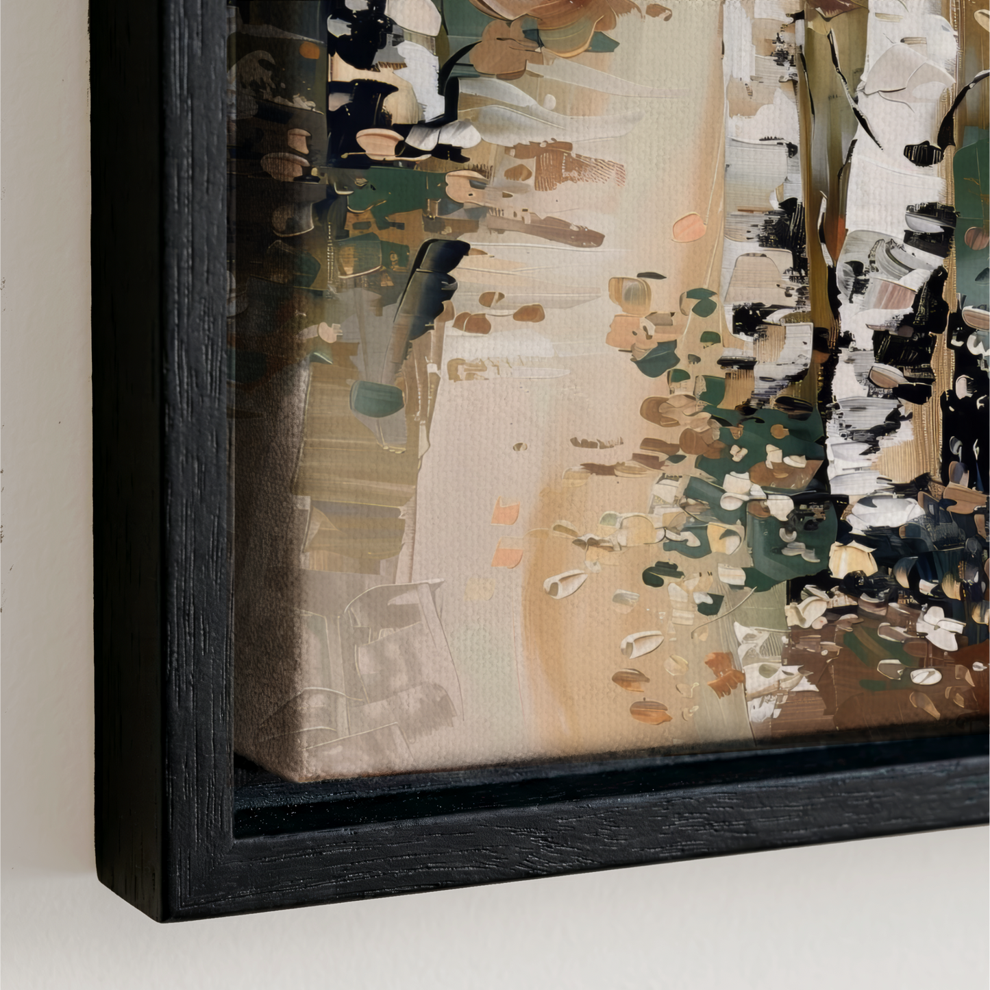 The image is a framed painting with a black border, depicting a landscape scene with trees and foliage in various shades of green, brown, and beige.