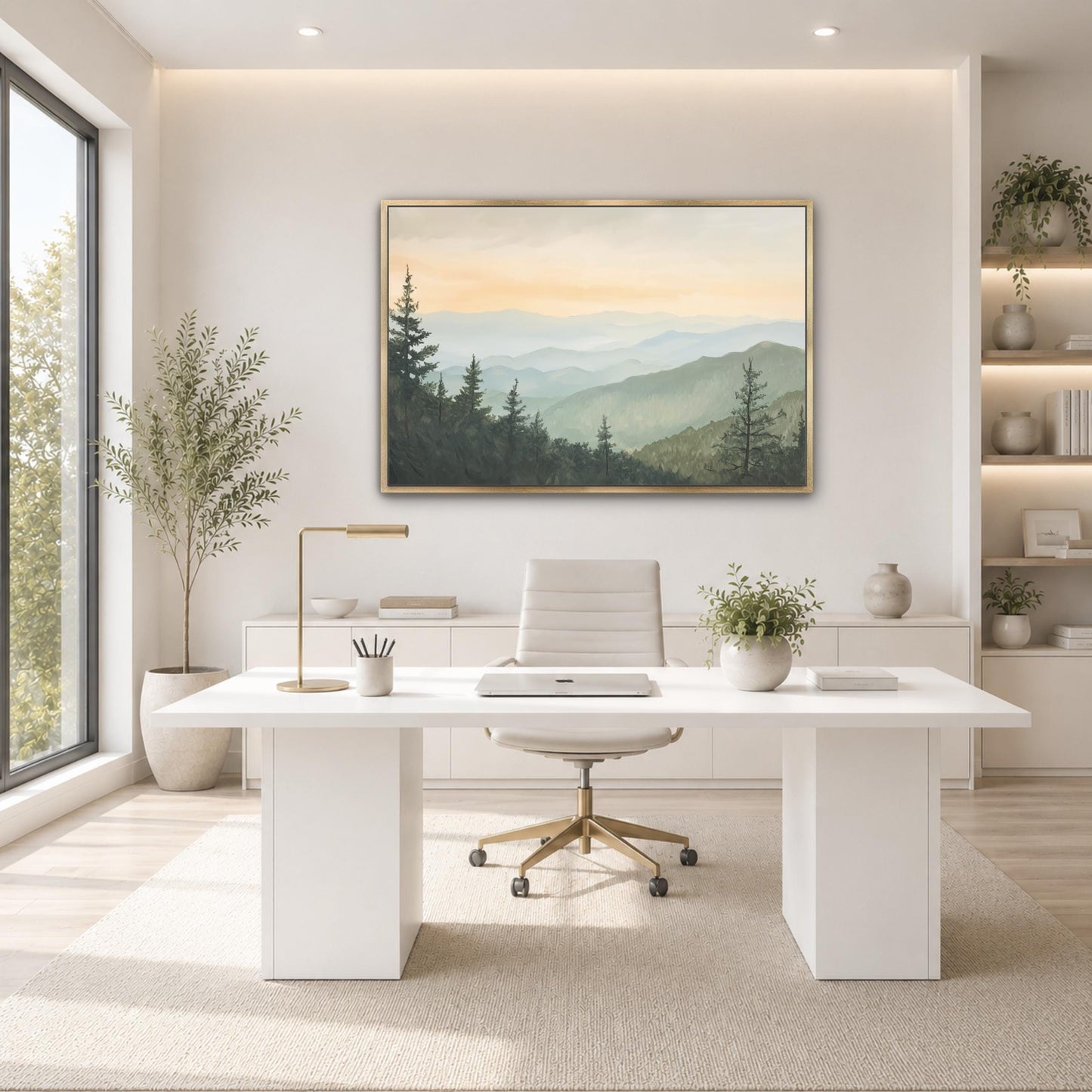 a modern, minimalist office space with a large window overlooking a scenic mountain landscape. The office features a white desk with a computer, a comfortable-looking chair, and a large framed landscape painting on the wall. The room is decorated with potted plants and other natural elements, creating a serene and tranquil atmosphere.