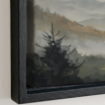The image is a painting of a tree in a landscape, with a dark background and a hazy, misty atmosphere.