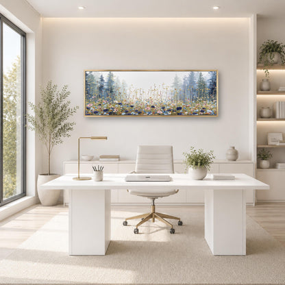 a modern, minimalist office space with a large window, a white desk, a white chair, and a framed landscape painting on the wall.